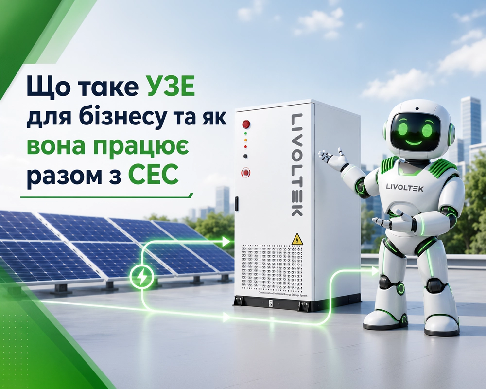Маскот LIVOLTEK поруч із шафою УЗЕ на фоні сонячних панелей СЕС, схема ілюструє накопичення та використання електроенергії для бізнесу.