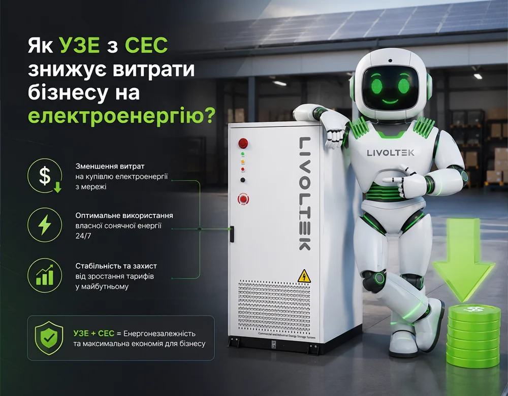 Маскот LIVOLTEK і система УЗЕ на фоні СЕС, графічні елементи показують зменшення витрат бізнесу на електроенергію завдяки накопиченню сонячної енергії.