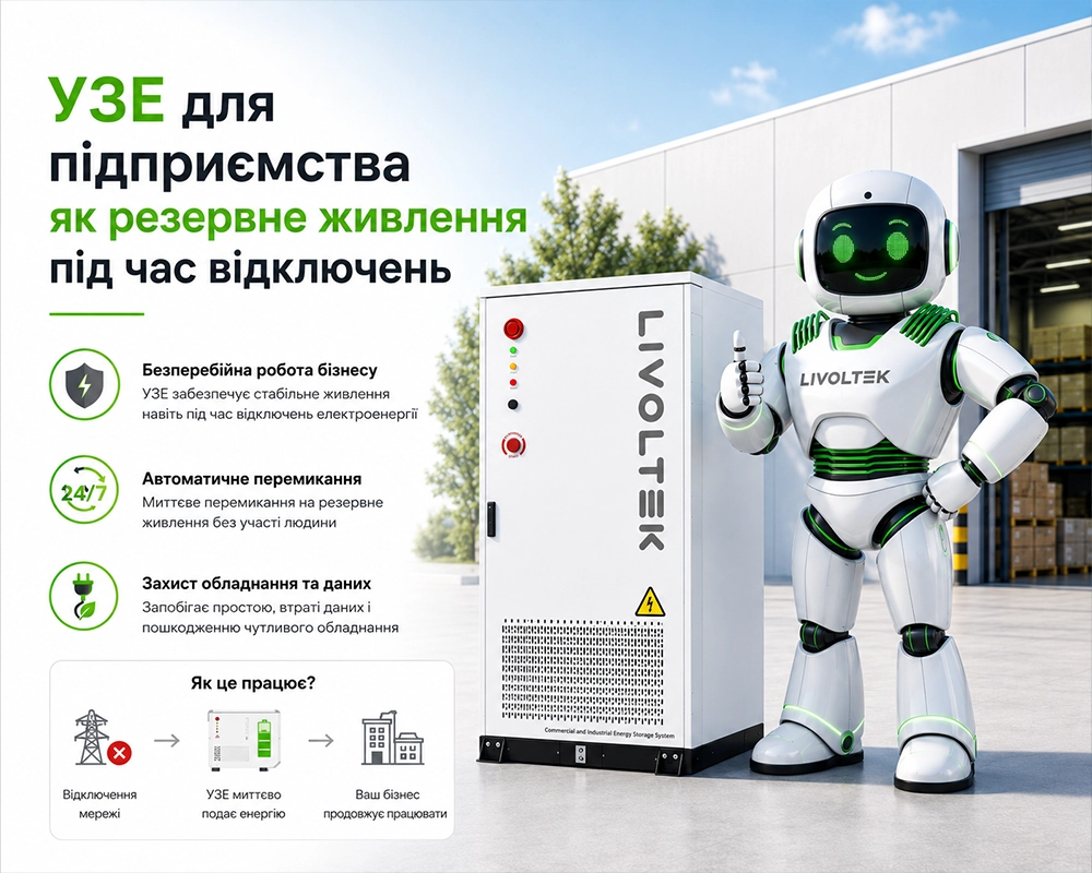 Маскот LIVOLTEK і шафа УЗЕ біля підприємства, інфографіка пояснює резервне живлення бізнесу під час відключень електроенергії.
