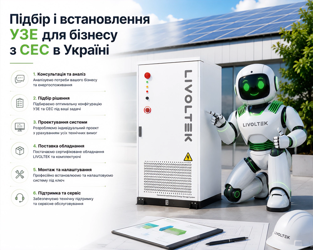 Маскот LIVOLTEK поруч із шафою УЗЕ, на зображенні показані етапи підбору, проєктування, постачання та встановлення УЗЕ з СЕС для бізнесу в Україні.